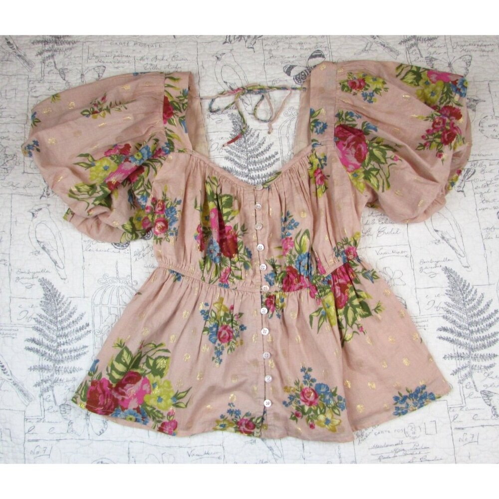 EUC Anthropologie WOMENS Love The Label Rosette Floral Babydoll Top open back M